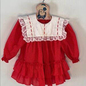 Vintage Bryan red white polka dot twirl dress, large white collar Size 24 months